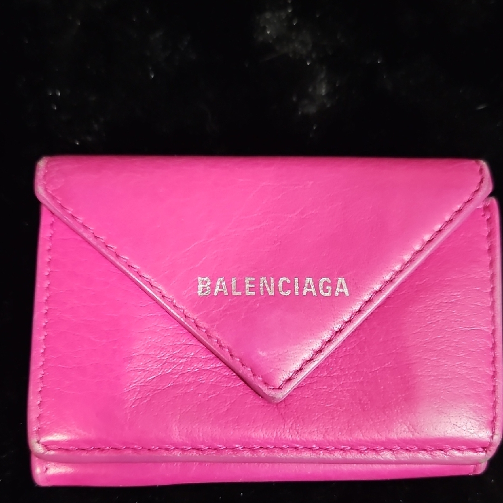 BALENCIAGA 391446 Paper Mini Compact Wallet Tri-fold-Pink Fuchsia Leather- Italy